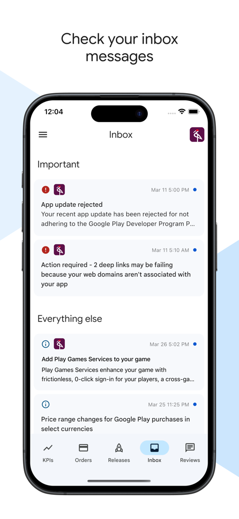 Google Play Console - Google Play Console app inbox showing important developer notifications and app update status on an iPhone