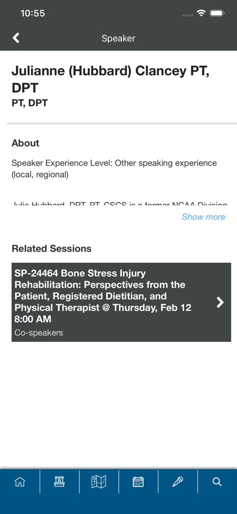 APTA CSM Events - Speaker profile page in the APTA CSM Events app showing biography and related sessions for a physical therapist.
