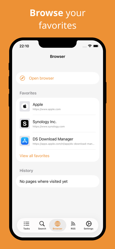 DS Download Manager - In-app browser screen of DS Download Manager showing a list of favorite website links for Synology users.
