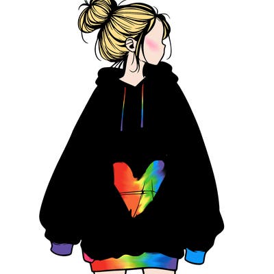 realistic girl with a oversized sweatshirt on and a bun