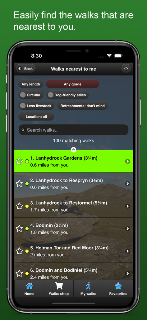 Screenshot of the iWalk Cornwall app showing a list of walking trails nearest to the user with search filters and distances.