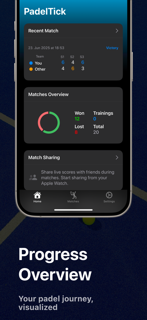 Padel Tracker PadelTick - PadelTick mobile app showing match history and performance statistics overview