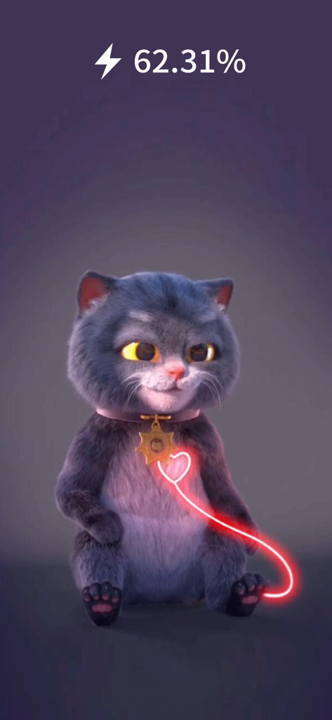 Charging Animation - Un lindo gato animado en 3D con una cola de corazón brillante de neón y una pantalla de porcentaje de carga de batería.