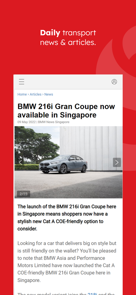 Sgcarmart - Sgcarmart app screen showing a news article about a new BMW car launch in Singapore