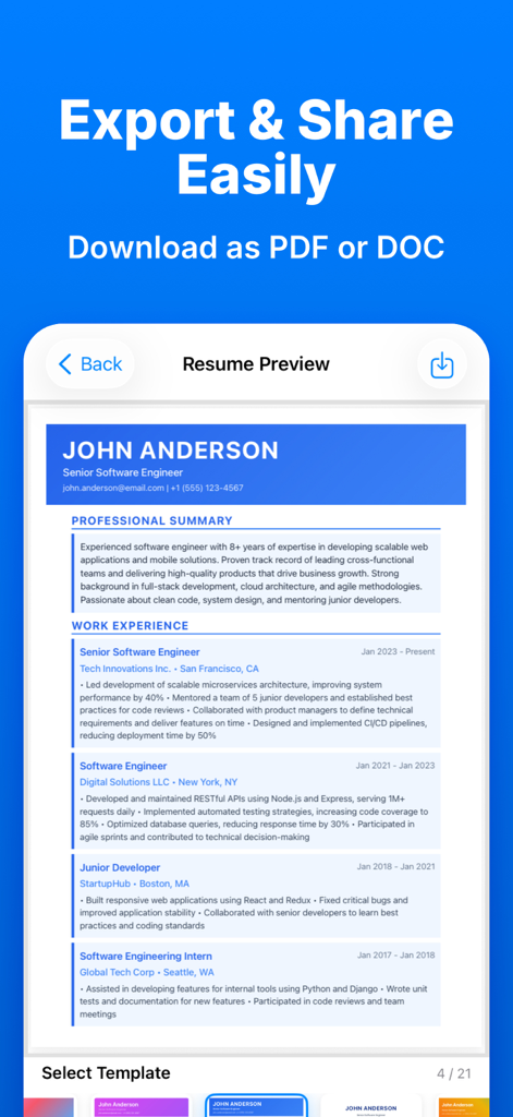 Resume Builder - AI CV Maker - Mobile app screen showing a professional resume preview and PDF export options