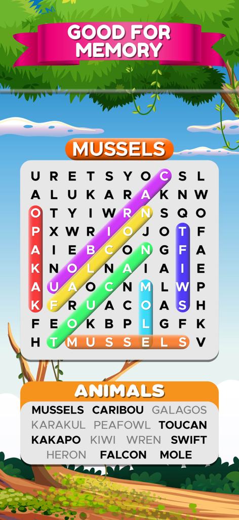 Word Search Games: Wordscapes - Interface de jogo de caça-palavras móvel com tema de animais e banner de treinamento de memória