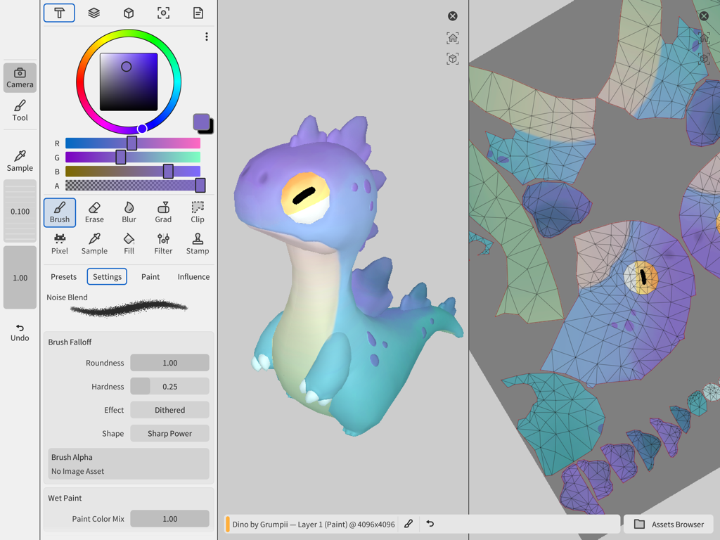 Wafer - 3D Texture Paint - Interfaz de la aplicación Wafer mostrando un modelo de personaje de dinosaurio 3D siendo pintado junto a su mapa de texturas UV 2D