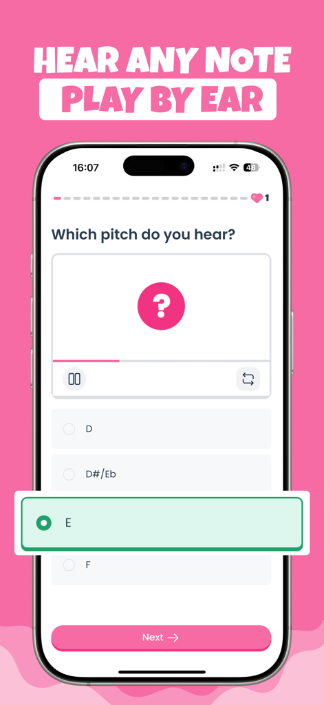A gamified pitch recognition exercise in the Trill app where a user identifies a heard musical note.