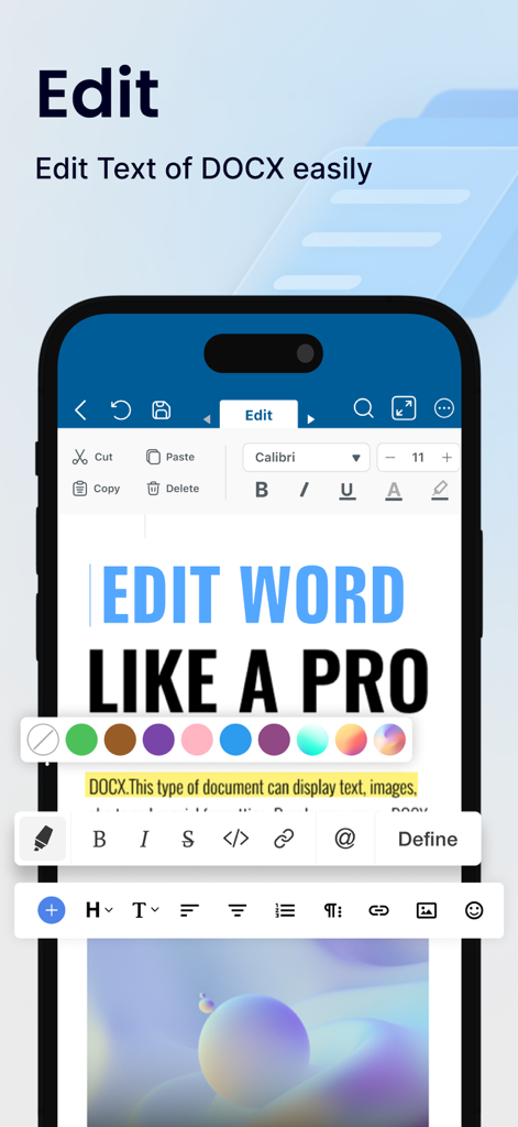 Interface móvel do aplicativo Word Editor exibindo recursos de formatação de texto e edição de docx