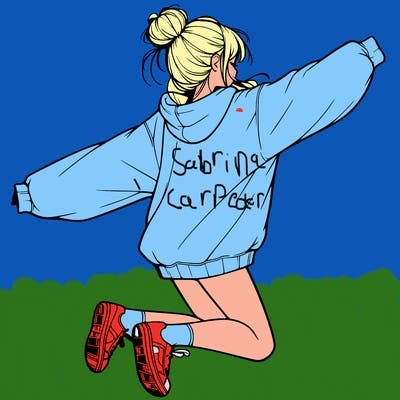realistic girl jumping with a bun and oversized sweatshirt