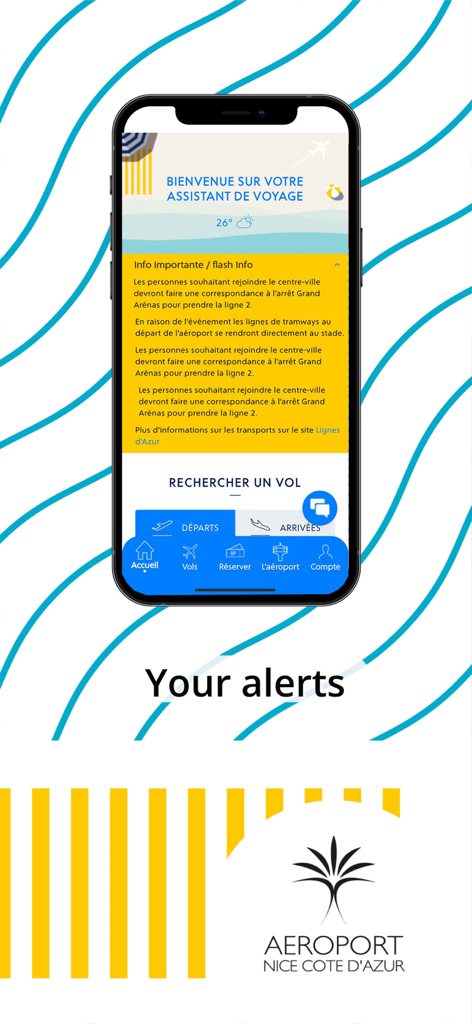 Aéroport Nice Côte d'Azur - Interfaccia dell'app dell'aeroporto di Nizza che mostra avvisi di viaggio in tempo reale e opzioni di ricerca voli.