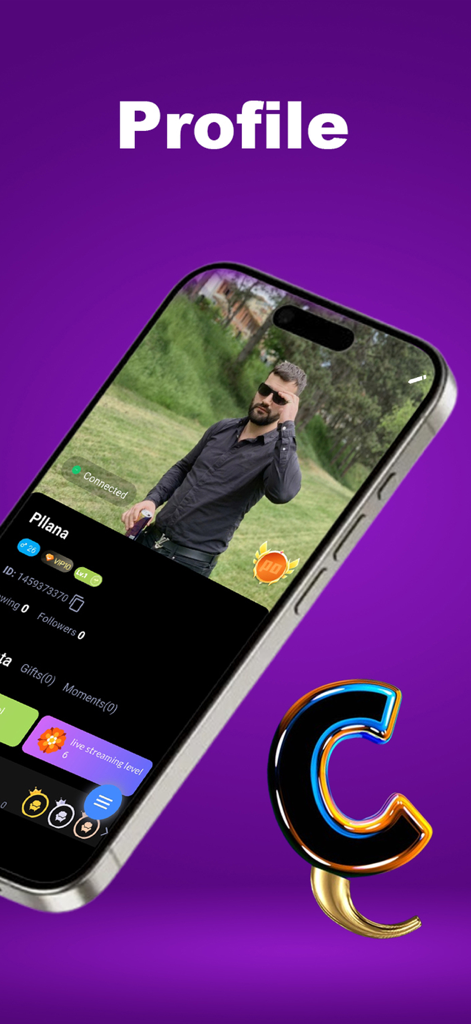 Um smartphone a exibir um perfil de utilizador na app TicTic com um fundo roxo
