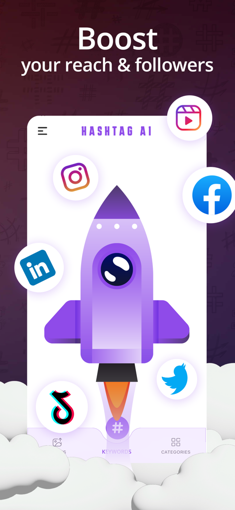 Hashtag Generator - Top Follow - Un razzo viola che decolla con icone di piattaforme social per aumentare la portata e i follower