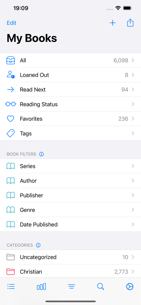 The My Books interface of the BookBuddy app showing book counts for different categories and filters