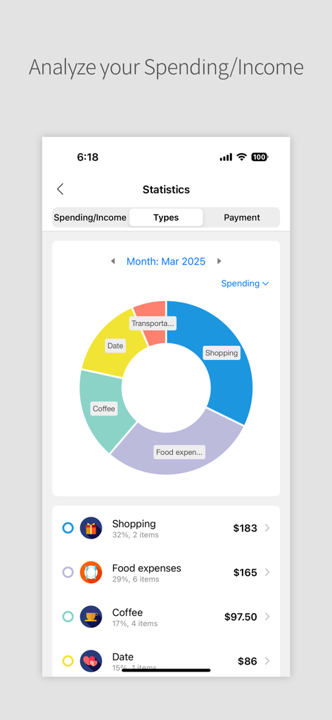 Monthly spending statistics donut chart in the Daily Pocket budget manager app.