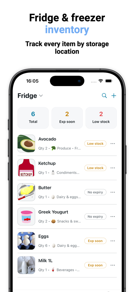 Pantra: Pantry Inventory - Pantra app screen displaying fridge inventory with stock levels and expiration alerts