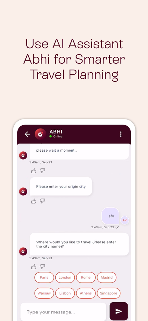 Interface of the Mondee app showing the AI assistant Abhi for smarter travel planning