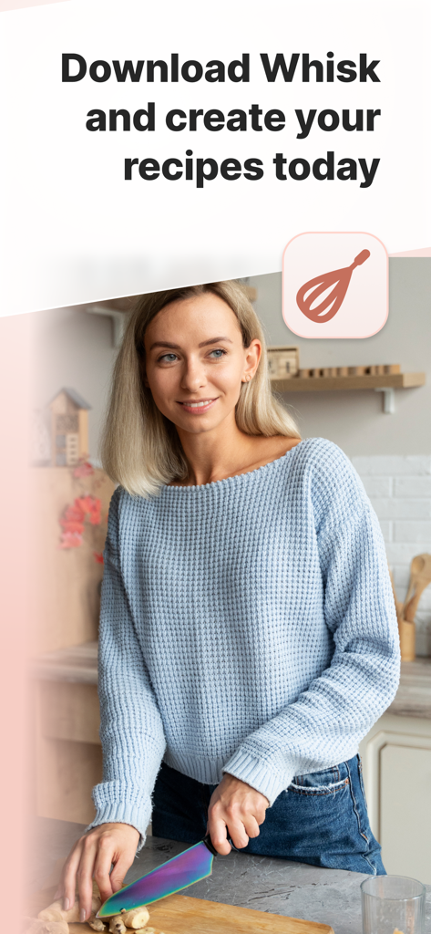 Whisk: Recipe Keeper & Planner - A woman preparing ingredients in a kitchen with the Whisk app logo and a call to action to download