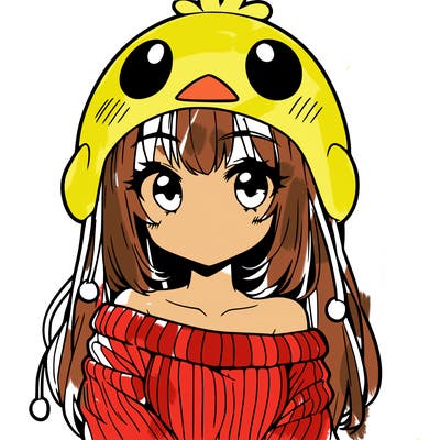 anime girl with chick shaped hat with sweater with bare shoulders with bangs covering them one eye with low tail