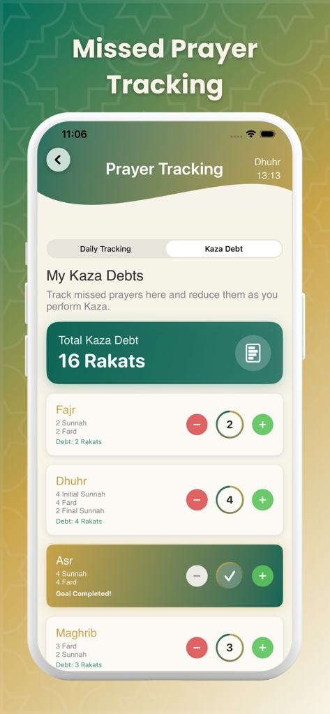Ikra: Quran, Prayer and Dhikr - Ikraアプリのモバイルアプリインターフェース。 missed prayer トラッキングとKaza debt機能が表示されています。