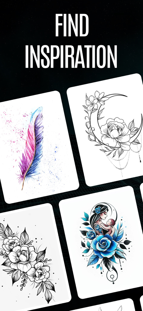 Tattoo AI Design Generator－Ink - Eine Galerie mit verschiedenen KI-generierten Tattoo-Designs, darunter eine Feder in Aquarell und ein blumenförmiger Halbmond unter dem Text 'Finde Inspiration'.