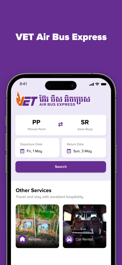VET Air Bus by Vireak Buntham - VET Air Bus App-Oberfläche zeigt die Suche nach Bustickets zwischen Phnom Penh und Siem Reap