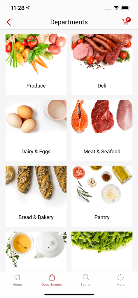 The Meat Market - The Meat Market 앱 인터페이스가 고기, 해산물, 농산물, 델리 등 식품 카테고리를 보여줍니다