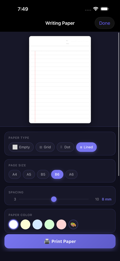 HP Smart Printer App : AiPrint - 印刷用のカスタム線入りグリッドおよびドット用紙を作成するためのモバイルインターフェイス。