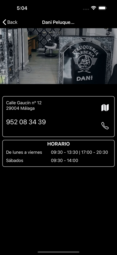Dani Peluquería - Detalhes de contato e horários de funcionamento da Dani Peluquería em Málaga exibidos na tela de um aplicativo móvel