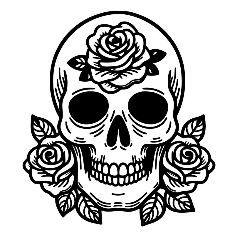 a skull with roses coming out of the eyes