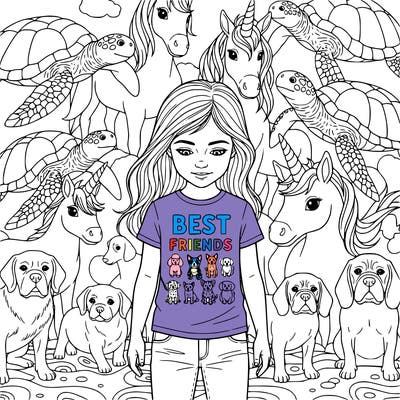turtle with other turtles and unicorns and dogs and and in the middle there’s a little girl whose name is thea and she has pretty long hair. it does not go to her feet but it goes like to her back a little bit like the tip of her back and and she’s wearing a shirt with the words, best friends on it and jeans, and that shirt also has a poodle a blue heeler, a red heeler, a white dog, a dalmatian, a husky, and a fluffy white dog