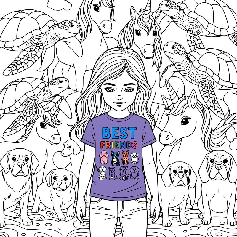 turtle with other turtles and unicorns and dogs and and in the middle there’s a little girl whose name is thea and she has pretty long hair. it does not go to her feet but it goes like to her back a little bit like the tip of her back and and she’s wearing a shirt with the words, best friends on it and jeans, and that shirt also has a poodle a blue heeler, a red heeler, a white dog, a dalmatian, a husky, and a fluffy white dog