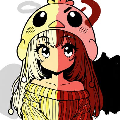 anime girl with chick shaped hat with sweater with bare shoulders with bangs covering them one eye with low tail