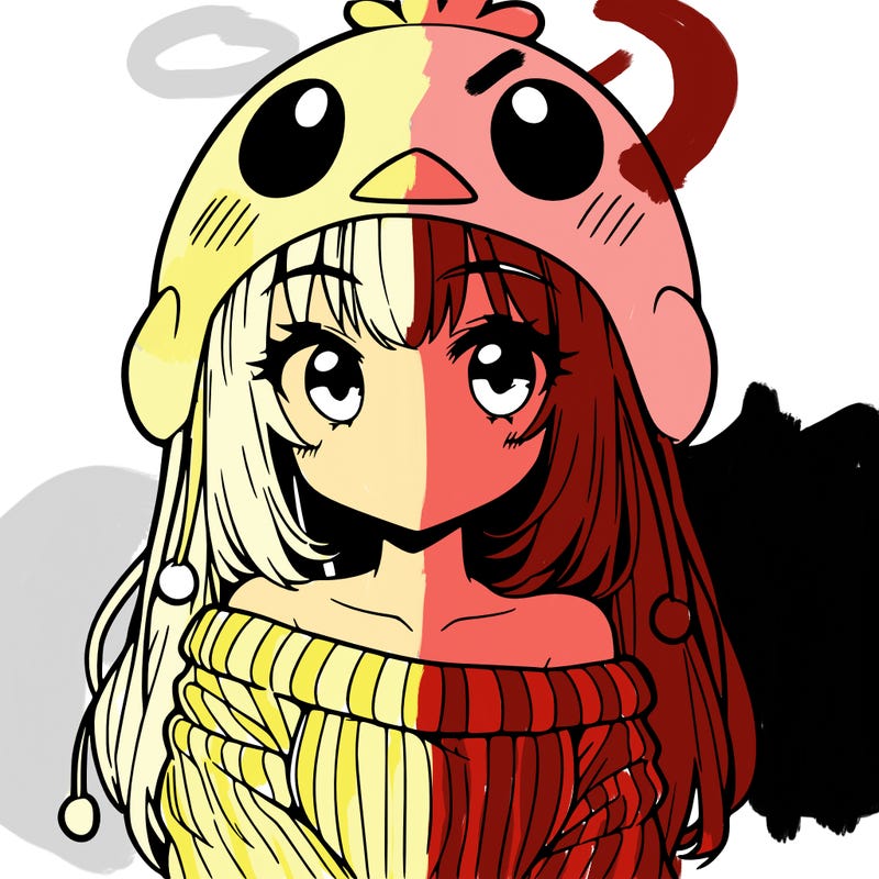 anime girl with chick shaped hat with sweater with bare shoulders with bangs covering them one eye with low tail