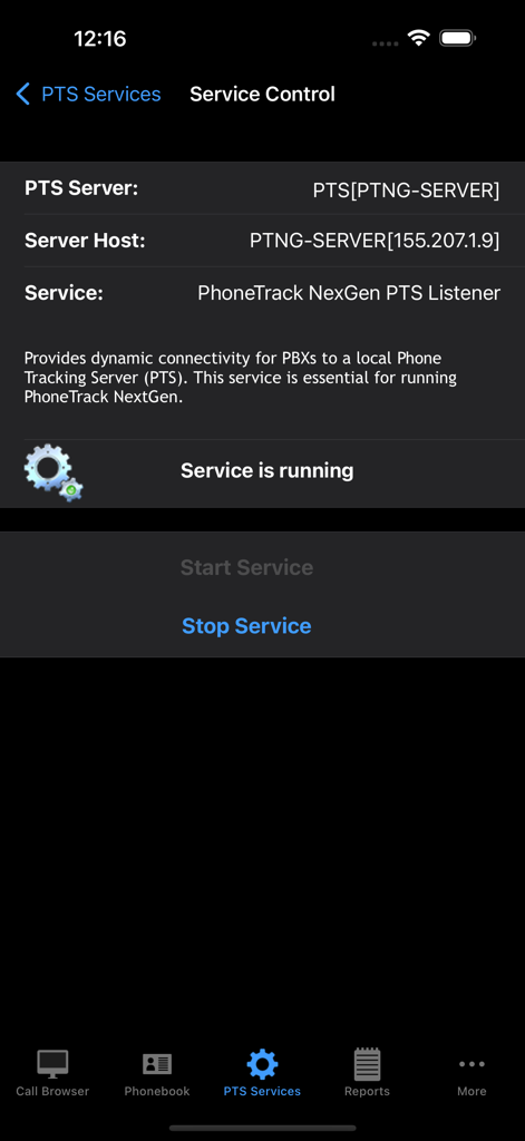PhoneTrack NexGen Mobile Service-Steuerungsbildschirm mit aktivem Serverstatus.
