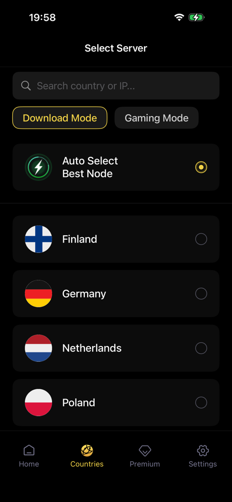 VPN - Planet Super bear - Interfaz de selección de servidores VPN de Planet Super bear con opciones para juegos y ubicaciones de países globales.