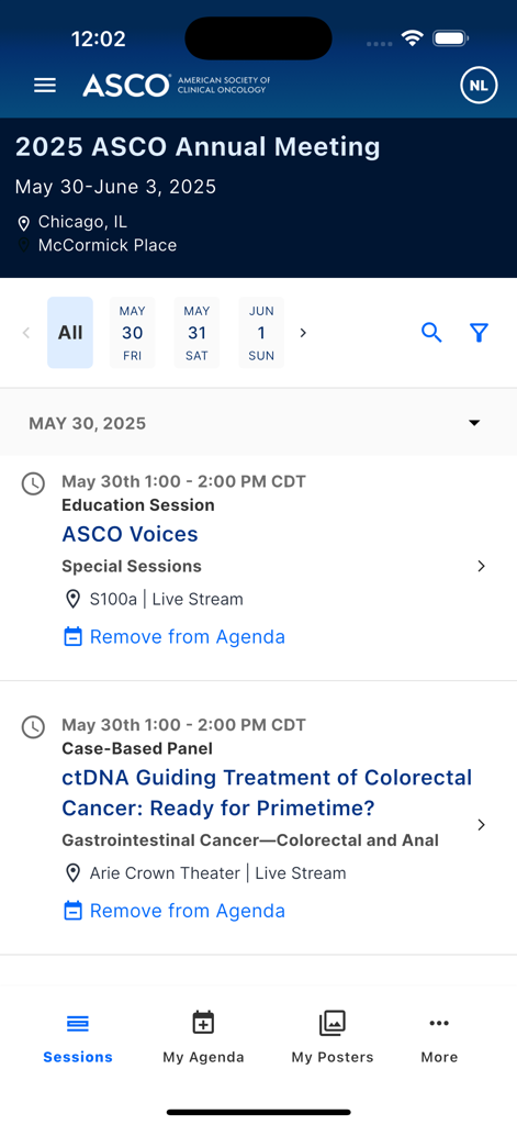 Interface do aplicativo móvel ASCO Meetings mostrando a agenda da conferência anual de 2025 e detalhes da sessão.