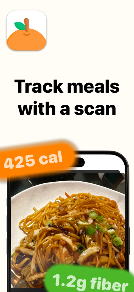 Photo Calorie: AI Food Scanner - AI food scanner app displaying calories and fiber from a photo of noodles