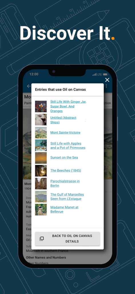 CatalogIt: Manage Collections - A mobile screen from the CatalogIt app displaying a visual list of art collection entries categorized by the oil on canvas medium