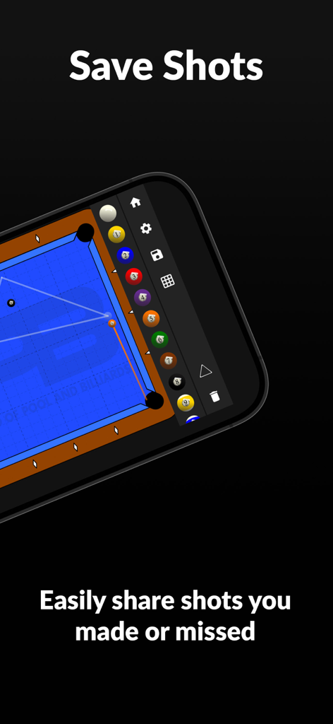 The table layout creator feature in the WPB app for saving and sharing pool shots.