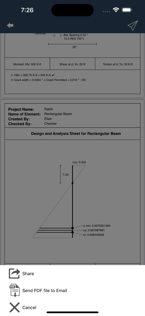 Hoja de diseño y análisis para una viga rectangular que muestra un diagrama de distribución de deformaciones y opciones de exportación a PDF