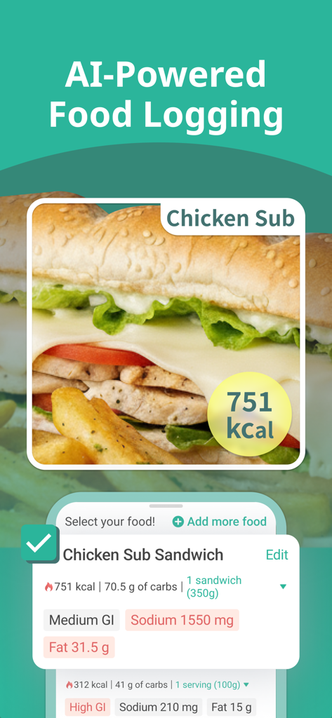 AI powered food logging interface showing nutritional data for a chicken sub sandwich