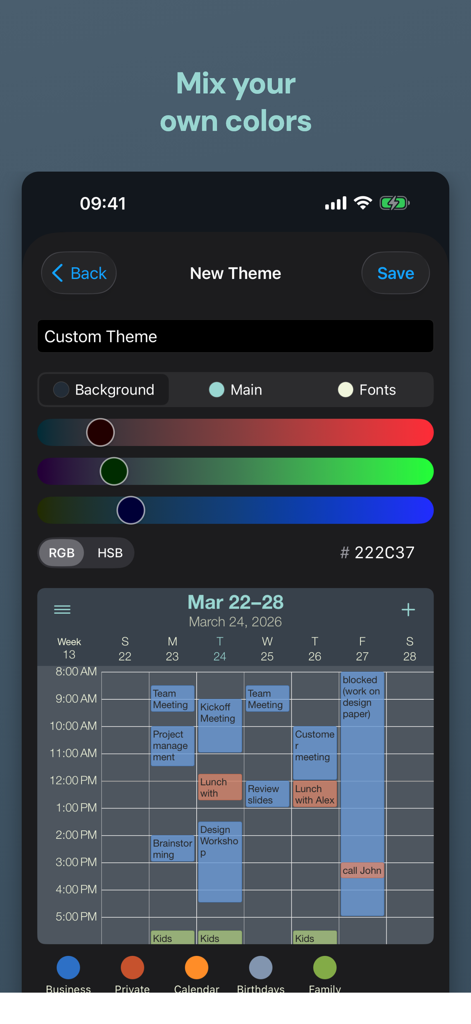 Appoint - Smart Calendar - Interfaz para crear un tema de color personalizado en la aplicación de calendario Appoint con deslizadores RGB y una vista previa semanal.