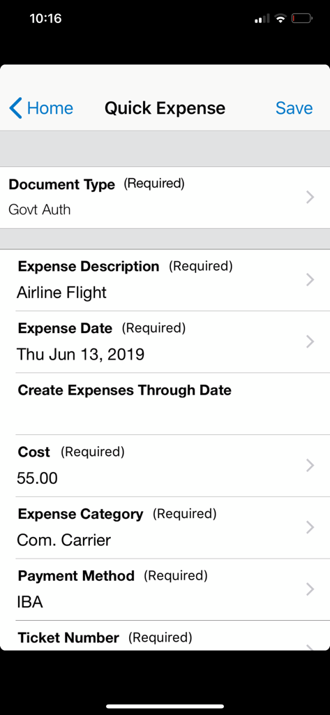 Quick Expense entry screen in the ConcurGov app for government travel tracking