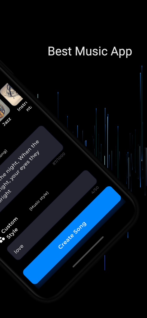 AI Music and Cover Generator app interface on a smartphone screen featuring a create song button and style selection.