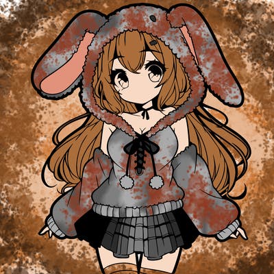 pretty anime girl wearing a fluffy hoodie with bunny ears on the hood and a skirt