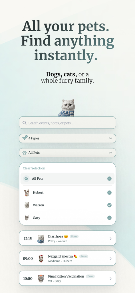 Hubert: Pet Health Tracker - Hubert app dashboard showing search filters and a list of tracked pets with their health logs
