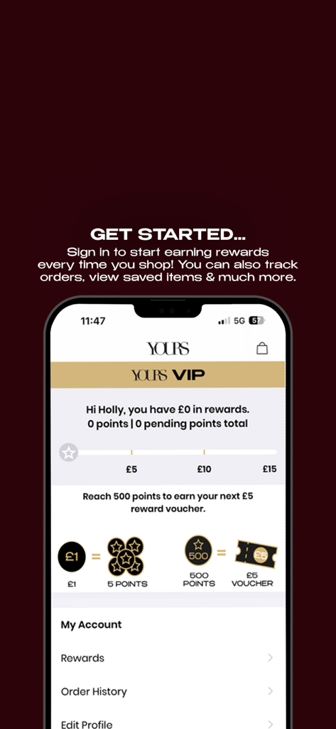 Pantalla del programa de recompensas de fidelidad VIP de Yours Clothing mostrando puntos y cupones