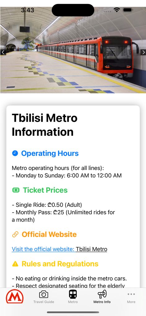 Tbilisi metro maps - Pantalla de información del metro de Tiflis que muestra los horarios de funcionamiento y los precios de los billetes