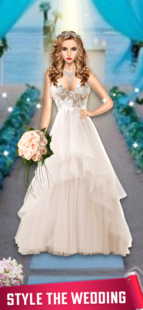 Fashion Show - Dress Up Games - A model wearing a white floral wedding dress and holding a pink bouquet in a bridal fashion game